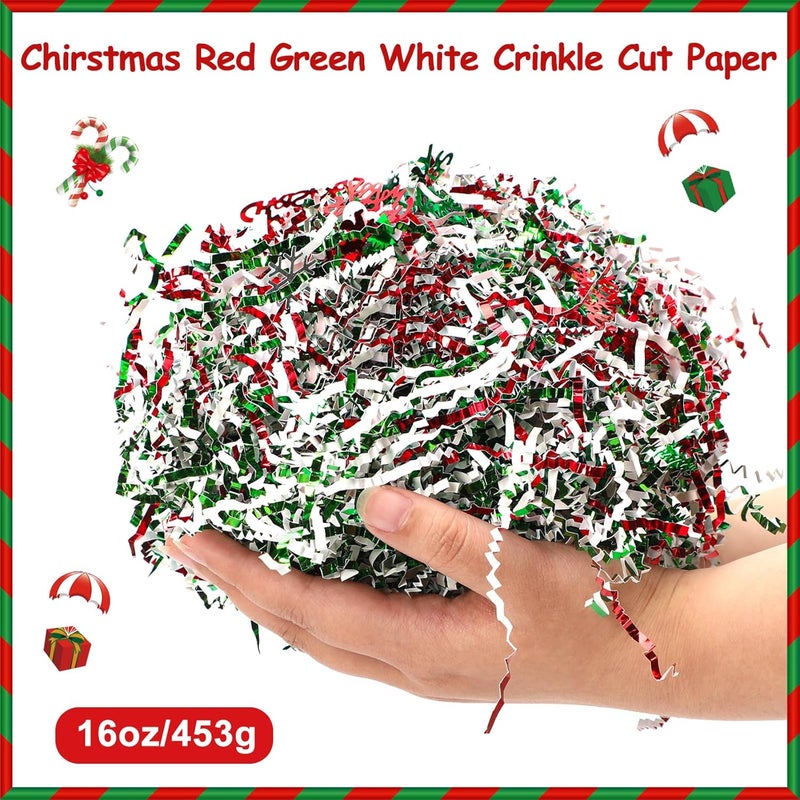 Jansun 1 LB Christmas Crinkle Cut Paper Shred, Metallic Red Green White Raffia Cut Paper Shred Filler with Xmas Tree Snowman Santa Confetti for Gift Wrapping Craft Basket Filler Christmas Gift Decorations - Image 2
